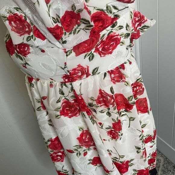 Blue Rain Women XS Square Neck White Red Floral Mini Peasant Dress Balloon Sleev - Picture 9 of 16